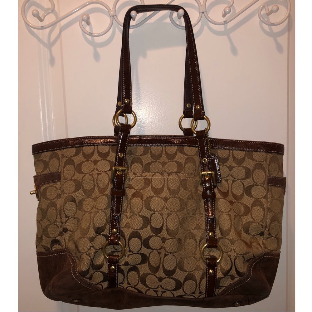 Coach Signature Canvas Brown Suede Tote